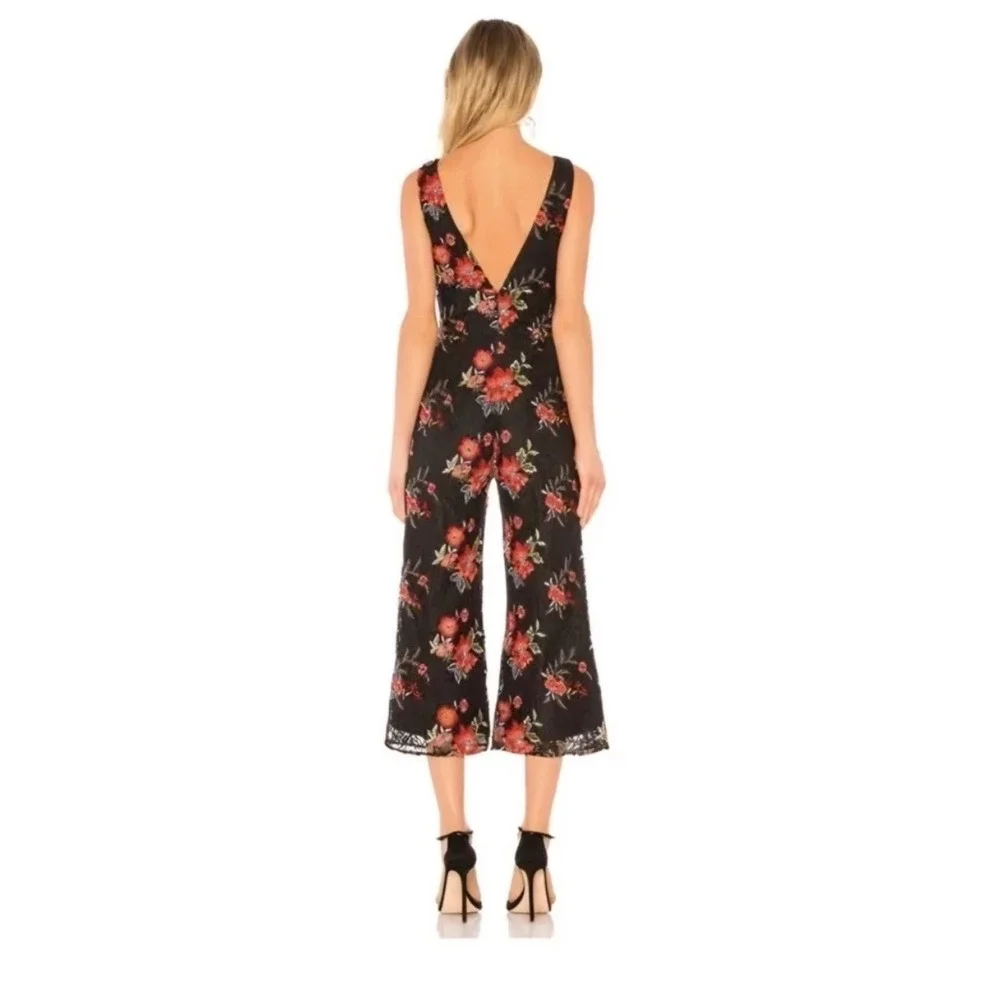 Lovers + Friends Black Floral Embroidered‎ Lace Jumpsuit Wide Leg V-Neck Small
